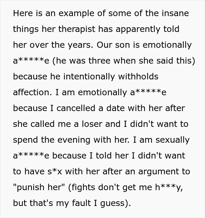 Alt text: Excerpt describing emotional abuse and conflict shared by a husband dealing with his wife&rsquo;s therapist issues and marriage.
