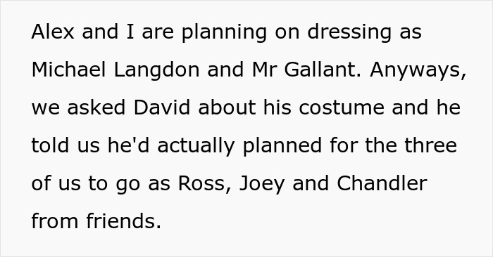 Text excerpt discussing Halloween costume plans and discomfort with friends, highlighting masculinity so fragile and relationship impact.