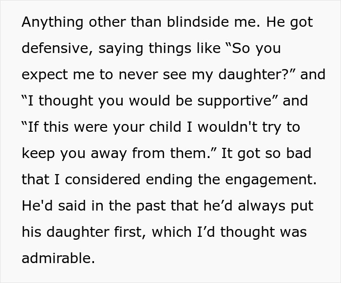 Text excerpt discussing a woman considering ending engagement due to fianc&eacute; prioritizing his child over her.