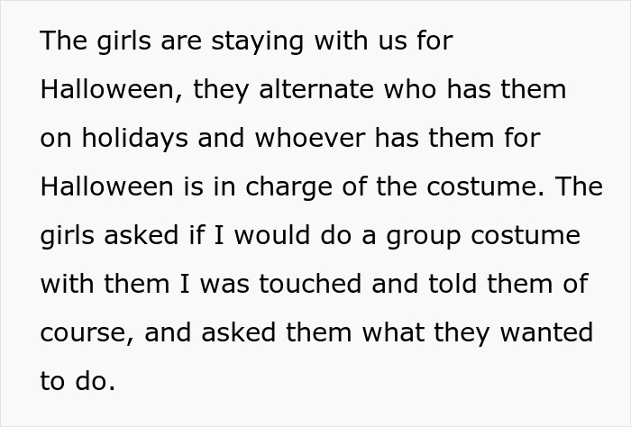 Text on a white background about twins wanting to do a group Halloween costume including their stepmom, facing concerns from their mother.