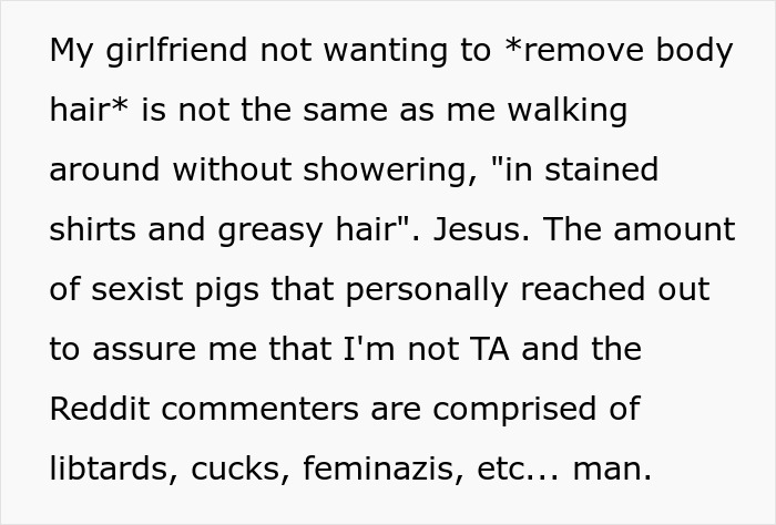 Text excerpt discussing a man regretting mocking his girlfriend's long beauty routine including shaving and makeup preferences.