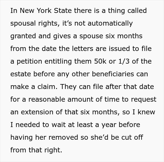 Text about New York State spousal rights explaining the timeline to file a petition for inheritance claims and extensions.