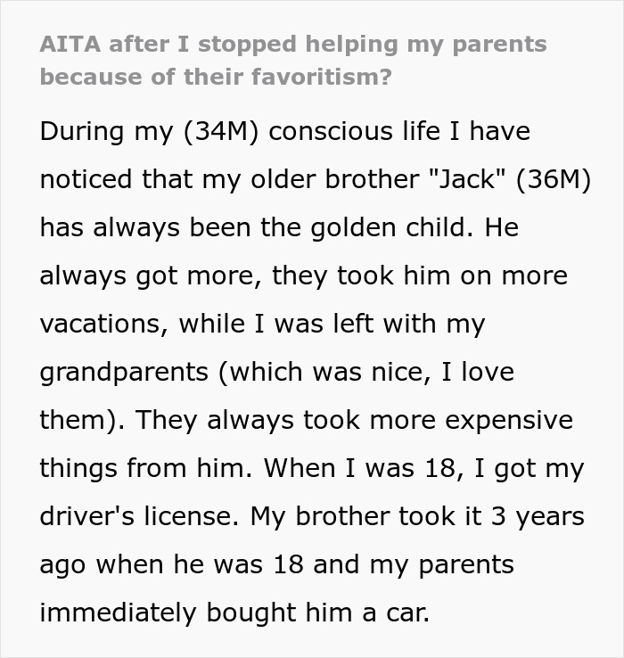 Text post describing parents&rsquo; blatant favoritism causing conflict after son refuses to help them.