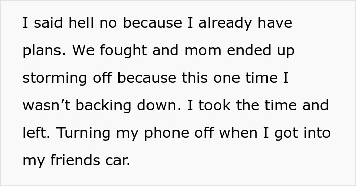 Text excerpt about a paralyzed woman refusing to babysit, highlighting her conflict with her mom and social plans.