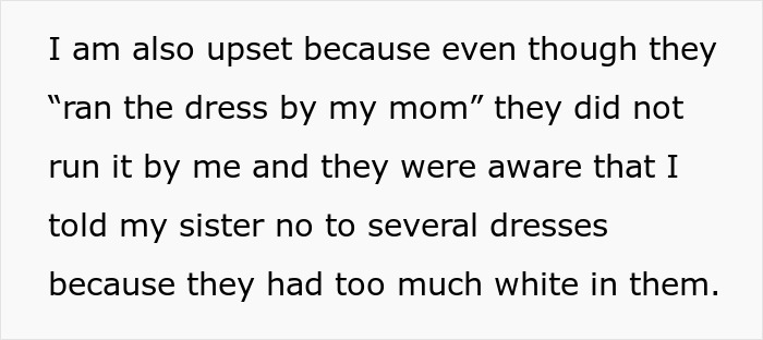 Text excerpt showing frustration over cousin wearing a long white dress at wedding, with mom's approval causing bride's upset.