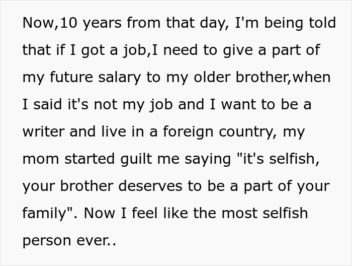 Text excerpt about sibling of autistic and epileptic brothers being pressured to share salary amid neglect and family demands.