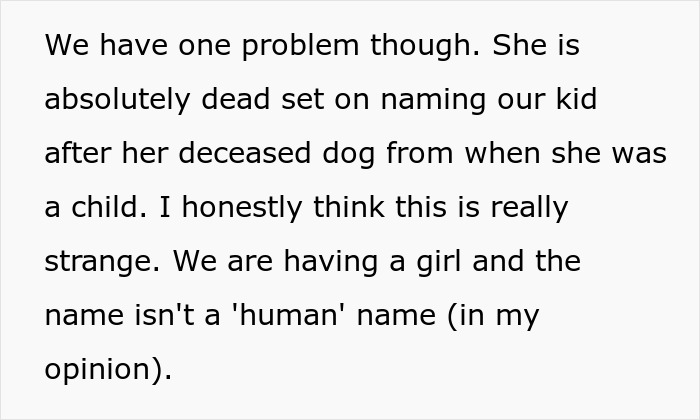 Text excerpt about a pregnant wife wanting to name baby after childhood dog, husband feels weirded out by choice.