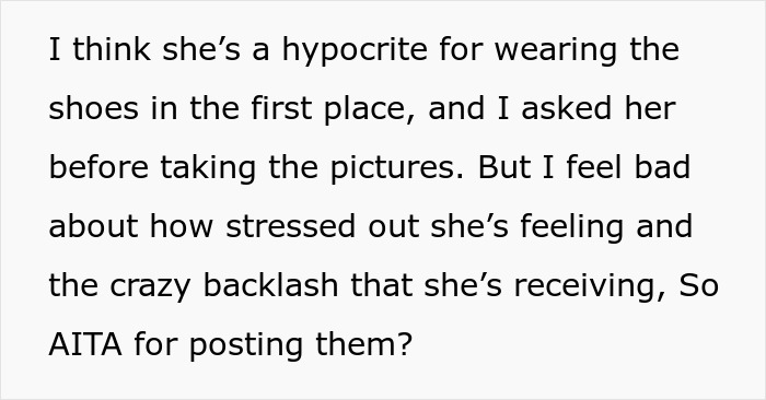 Text post about a woman planning to sell grandma&rsquo;s leather shoes after her vegan sister wears them.