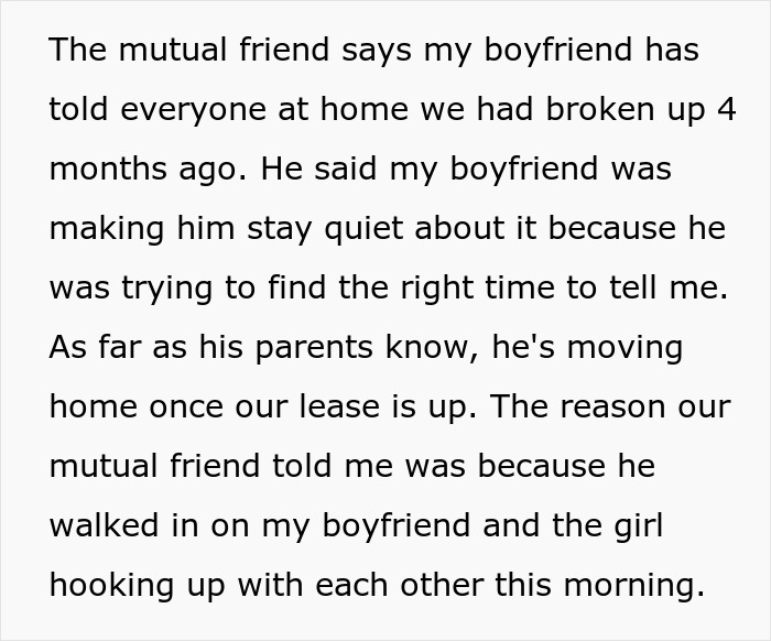 Text discussing a man announcing breakup to everyone except his girlfriend of seven years through a mutual friend.