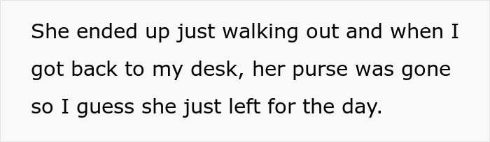 Text on a white background stating a coworker sensitive to smells stopped washing hands and left her purse behind at the desk. Text on a white background stating a coworker sensitive to smells stopped washing hands and left her purse behind at the desk.