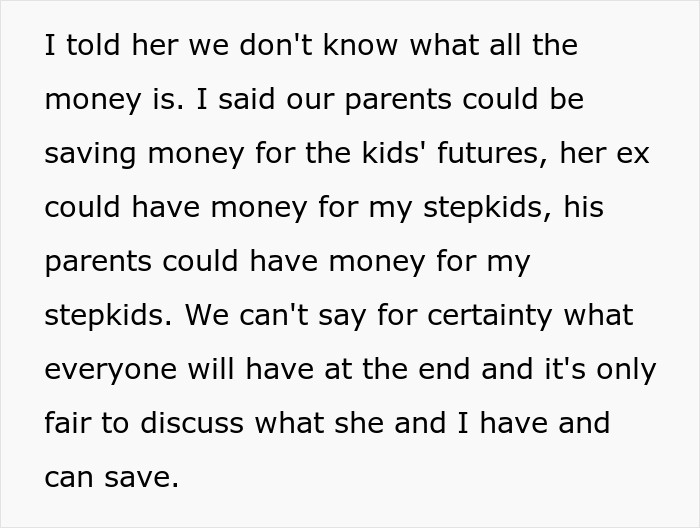 Text excerpt discussing family inheritance, stepkids, and financial fairness between husband and wife.