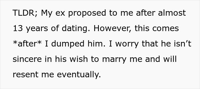Text excerpt describing a man who proposes two months after his girlfriend dumped him, raising concerns about his true intentions.