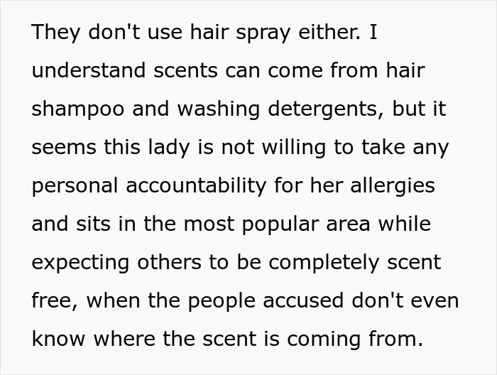 Text excerpt discussing workplace bans on perfume due to employee allergies and ongoing complaints about scents.