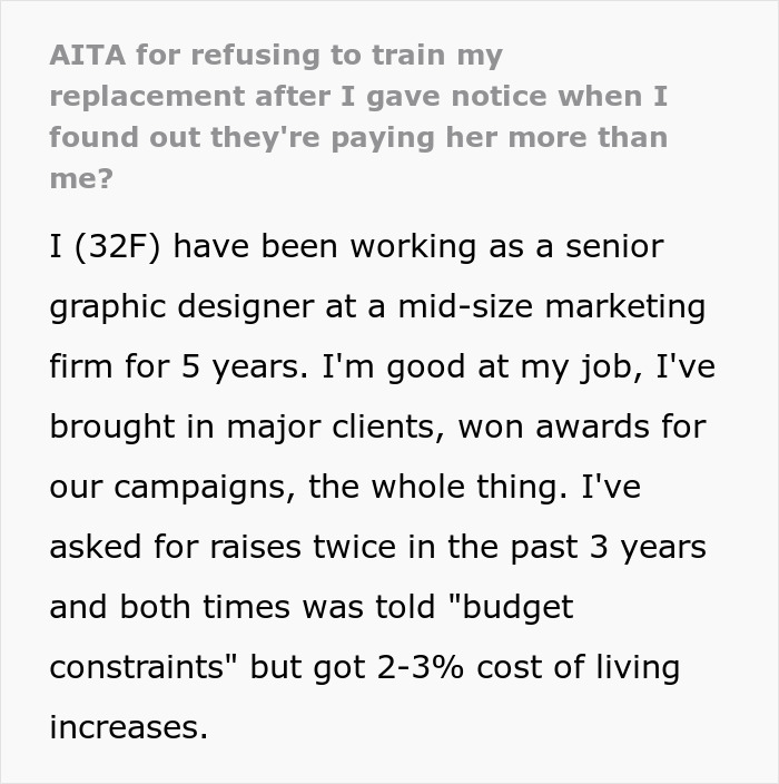 Text post about employee refusing to train replacement after company denies raises but pays new hire significantly more.