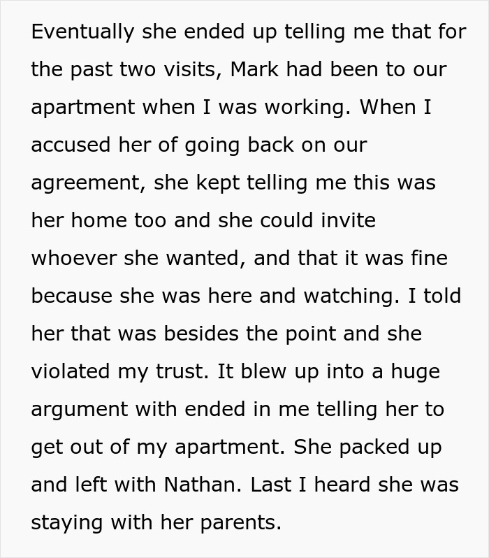 Text excerpt about a man confronting his girlfriend for secretly inviting her criminal ex to his apartment, leading to a breakup.
