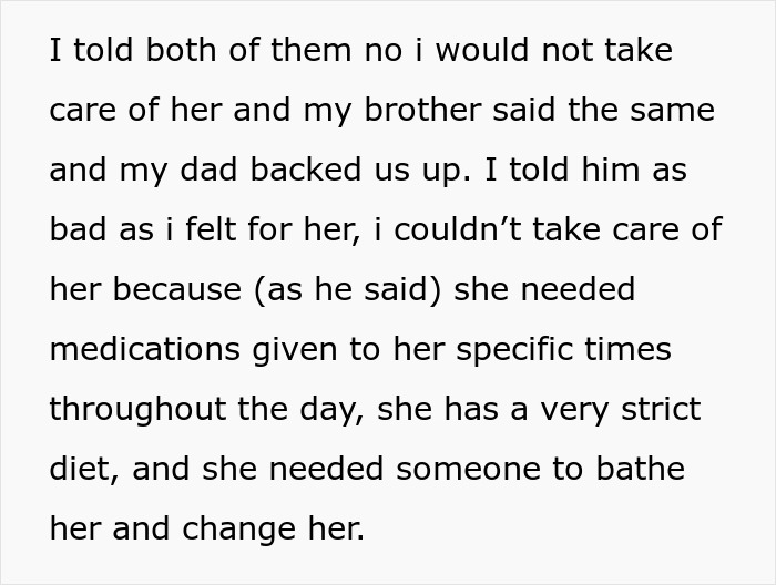 Text discussing refusal to care for grandma due to strict medication, diet, and personal care needs.