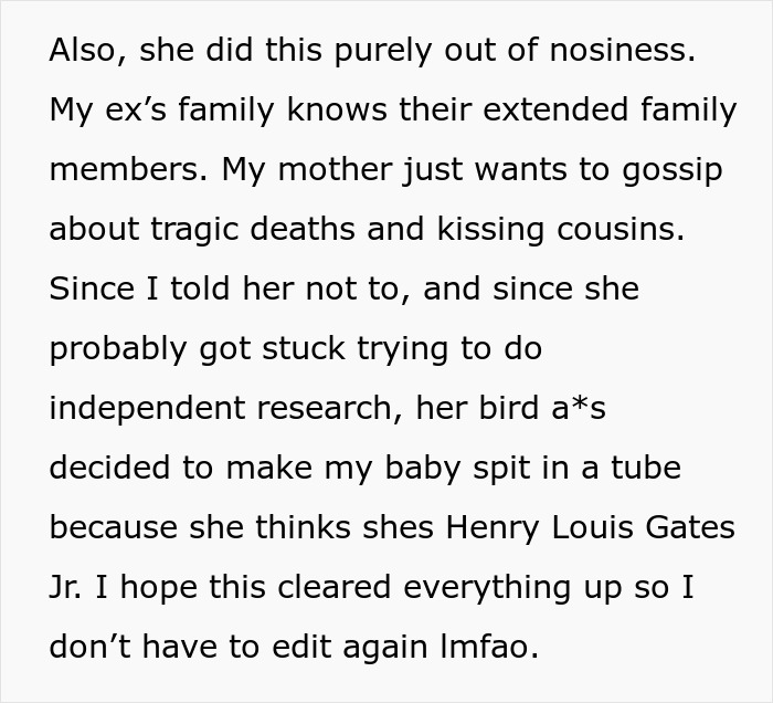 Text excerpt discussing a nosy mother obsessed with ancestry tests and causing family tension through gossip and DNA testing. Text excerpt discussing a nosy mother obsessed with ancestry tests and causing family tension through gossip and DNA testing.