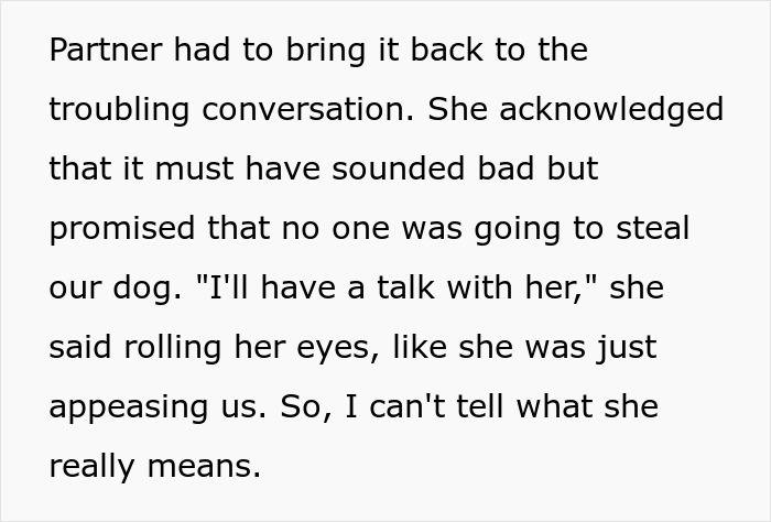 Text excerpt discussing a neighbor&rsquo;s dog and concerns about an elderly lady allegedly planning to steal the dog.