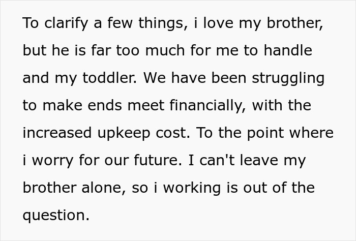 Text excerpt showing a woman explaining challenges of caring for her autistic brother amid financial struggles and increased upkeep costs.