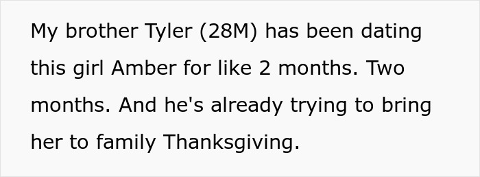 Text excerpt about a man setting boundaries after his brother&rsquo;s girlfriend mocks his wife during Thanksgiving family gathering.