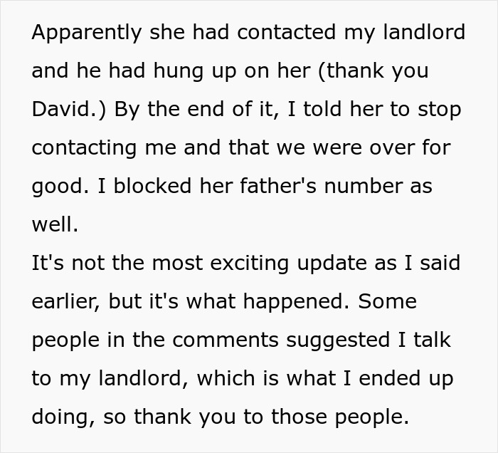 Text message conversation about contacting landlord and blocking ex&rsquo;s father after relationship ended, involving a criminal ex.