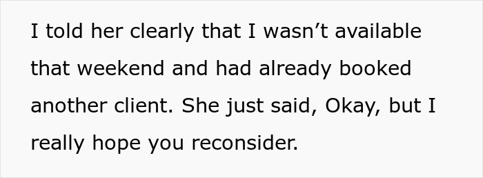 Alt text: Text about woman refusing to film coworker&rsquo;s wedding for free and facing backlash over it.