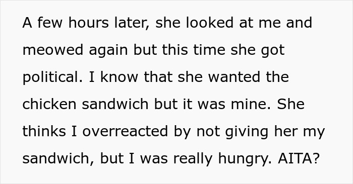 Woman refusing to share her chicken sandwich with her cat, questioning if she&rsquo;s the jerk in a political moment.