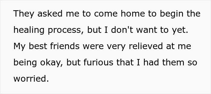 Text excerpt about someone reluctant to begin healing, with mention of best friends feeling relieved and worried, related to man learning fianc&eacute;e loves her friend.