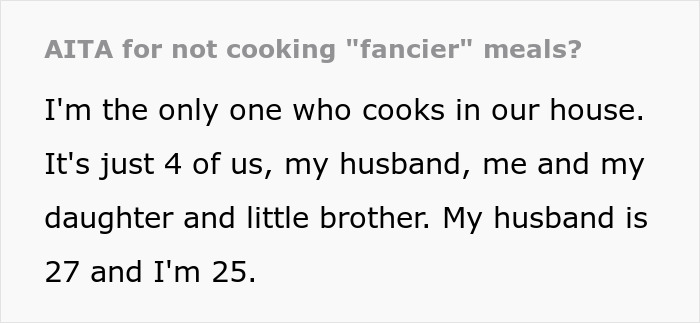 Text excerpt about a wife cooking meals and her husband disapproving of the same ingredients used repeatedly.