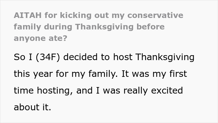 Woman frustrated with conservative uncle, kicks entire family out of Thanksgiving dinner in family dispute.