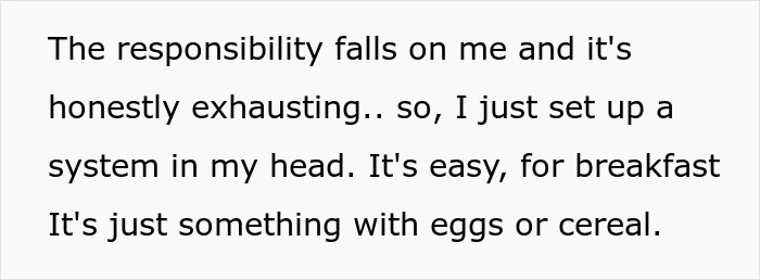 Text on a white background discussing the exhaustion of responsibility and setting up a simple breakfast system with eggs or cereal.