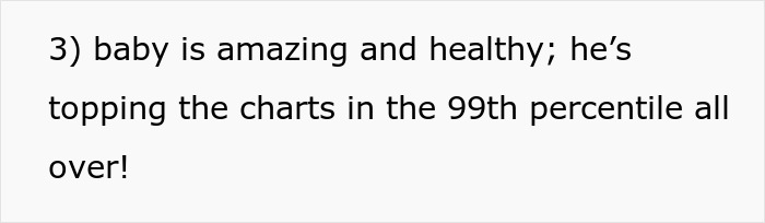 Text excerpt discussing a baby&rsquo;s health and development, highlighting top percentile growth achievements.