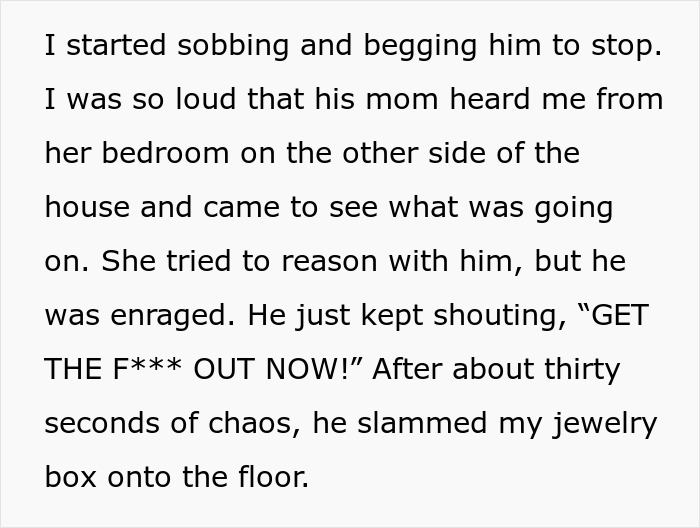 Text describing a boyfriend destroying girlfriend&rsquo;s grandma&rsquo;s jewelry box during a heated argument.