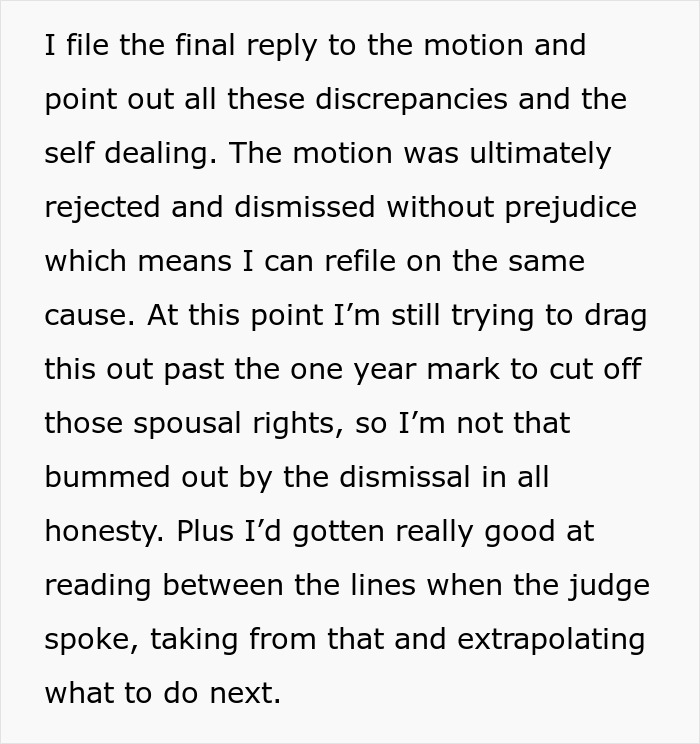 Text excerpt showing a grieving daughter&rsquo;s legal battle aiming to drive step-monster to financial ruin after motion dismissal.