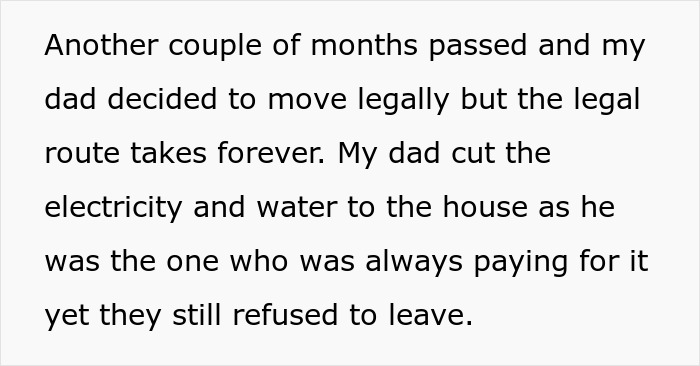 Text excerpt describing a brother's entitled behavior related to a house ride and legal struggles with eviction.