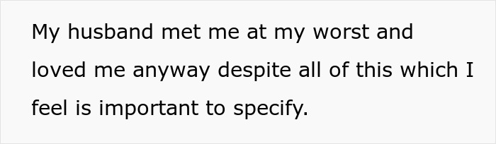 Text reading My husband met me at my worst and loved me anyway despite all of this which I feel is important to specify, discussing wife plans surgery after weight loss and husband calls her selfish.