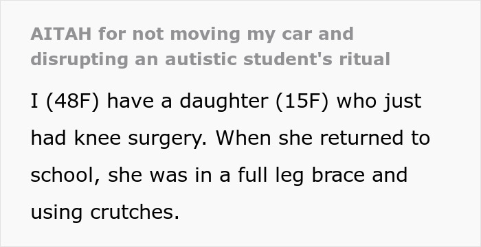 Text excerpt about mom standing her ground over autistic student&rsquo;s needs versus her injured child with knee surgery.