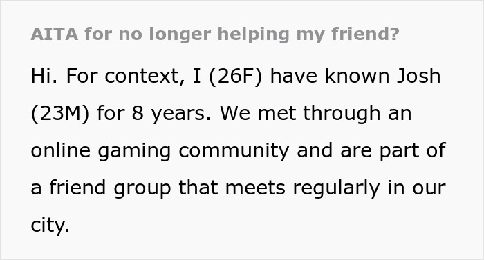 Text excerpt discussing a lady helping her 23-year-old friend with a place to stay and a job, facing complaints.