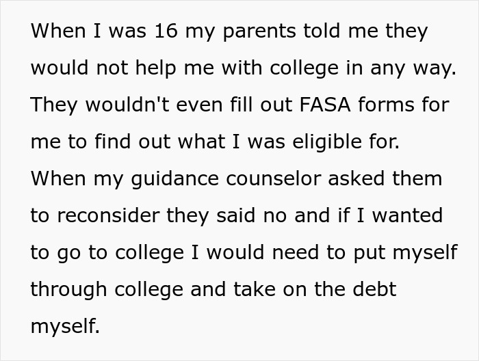 Text about parents spoiling daughter causing financial issues and neglecting son, who was asked for help later.