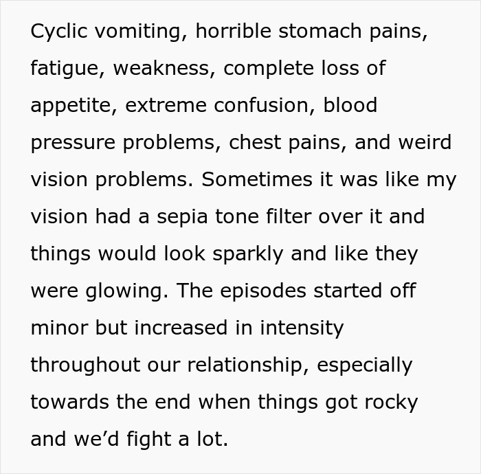 Woman realizes ex might have been poisoning her after months of mysterious illness and strange symptoms worsening.