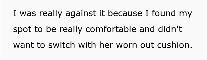 Text about a woman uncomfortable switching spots due to her roommate&rsquo;s worn-out cushion and couch sharing dispute.