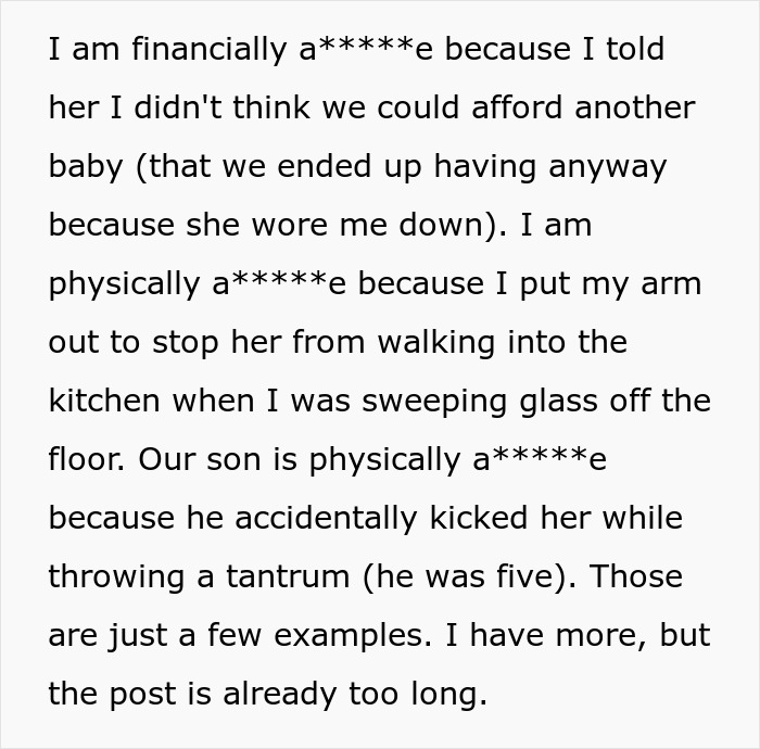 Text excerpt describing family conflicts and tensions related to finances and physical incidents, relevant to AITAH for telling wife to marry therapist.