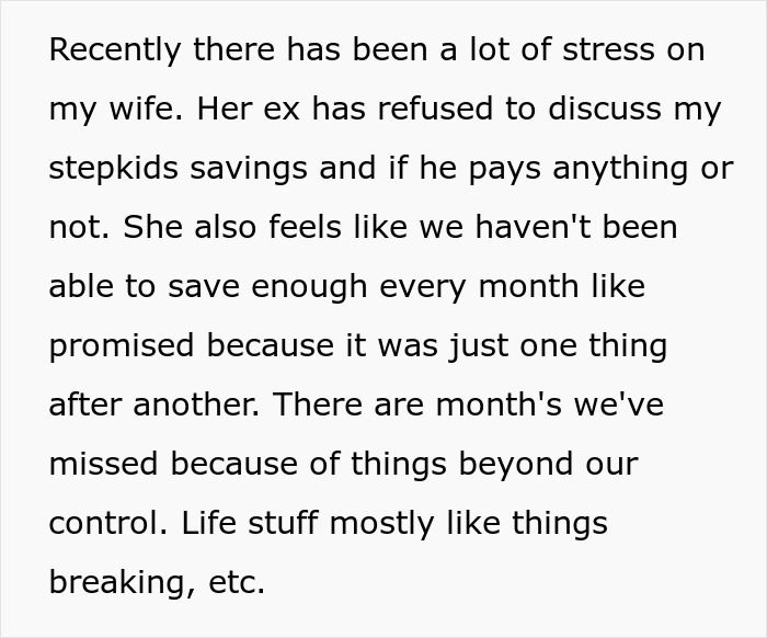 Text about wife&rsquo;s tantrum over husband not disclosing stepson&rsquo;s inheritance from late mother causing family stress.