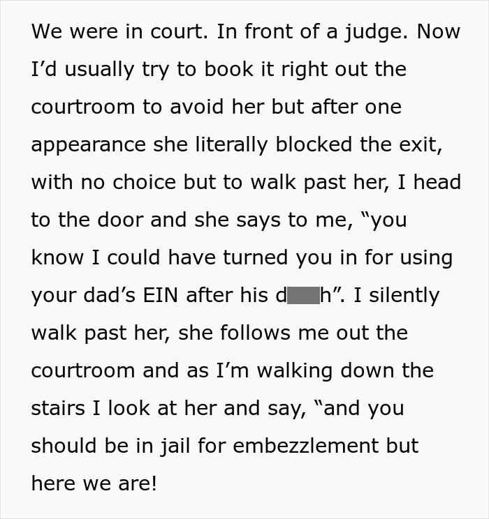 Courtroom text describing a grieving daughter confronting step-monster about financial embezzlement and legal threats.