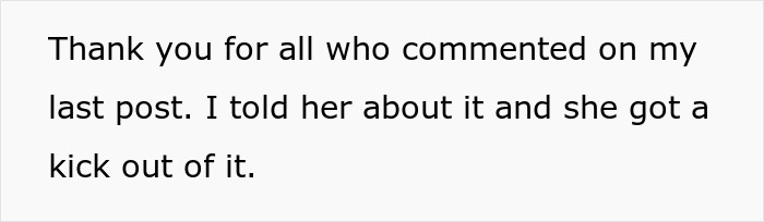 Text message expressing gratitude for comments and mentioning telling a wife who found it amusing after her surgery.