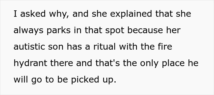 Mom explains parking ritual for autistic son at fire hydrant, highlighting challenges balancing her injured child's needs.