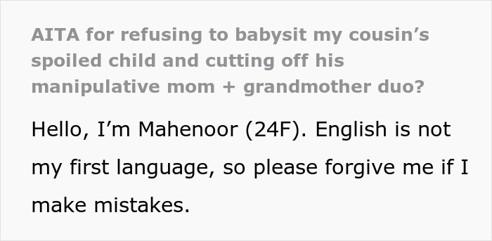 Text post about refusing to babysit cousin&rsquo;s child, sharing perspective on quitting free babysitting role.
