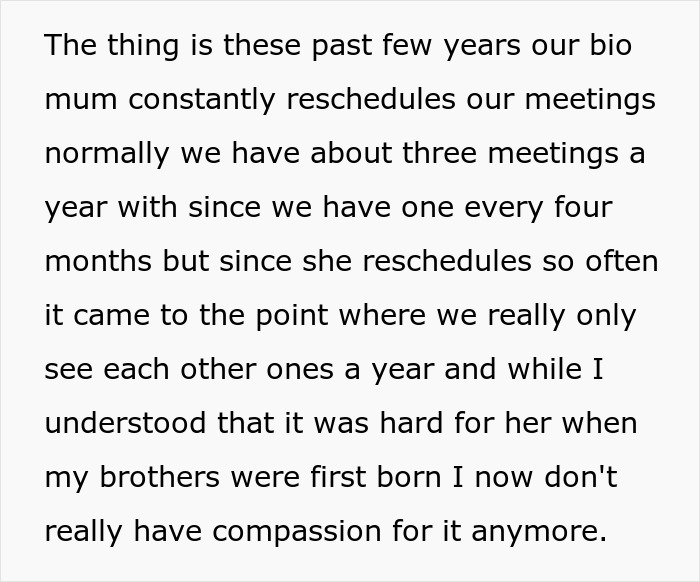 Teen torn about continuing to see biological mom as meetings are often rescheduled and treated like a second-rate child. Teen torn about continuing to see biological mom as meetings are often rescheduled and treated like a second-rate child.