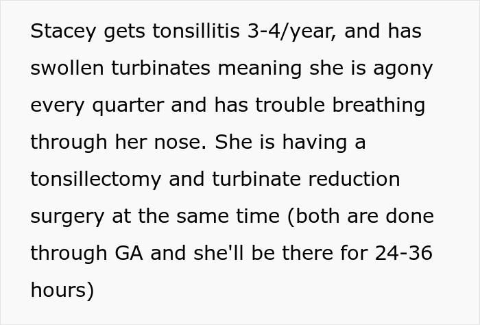 Text describing medical details about a girlfriend&rsquo;s planned tonsillectomy and turbinate reduction surgery.