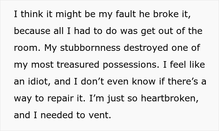 Alt text: Emotional text about boyfriend destroying girlfriend&rsquo;s grandma&rsquo;s jewelry box, expressing heartbreak and regret.